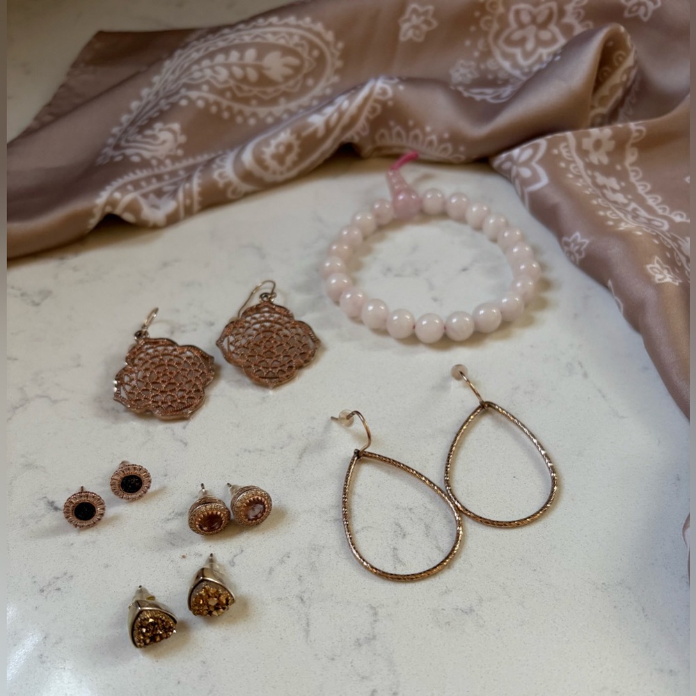 Rose Gold Earrings & Rose Quartz Chakra Mala Bracelet with Silk Paisley Bandana